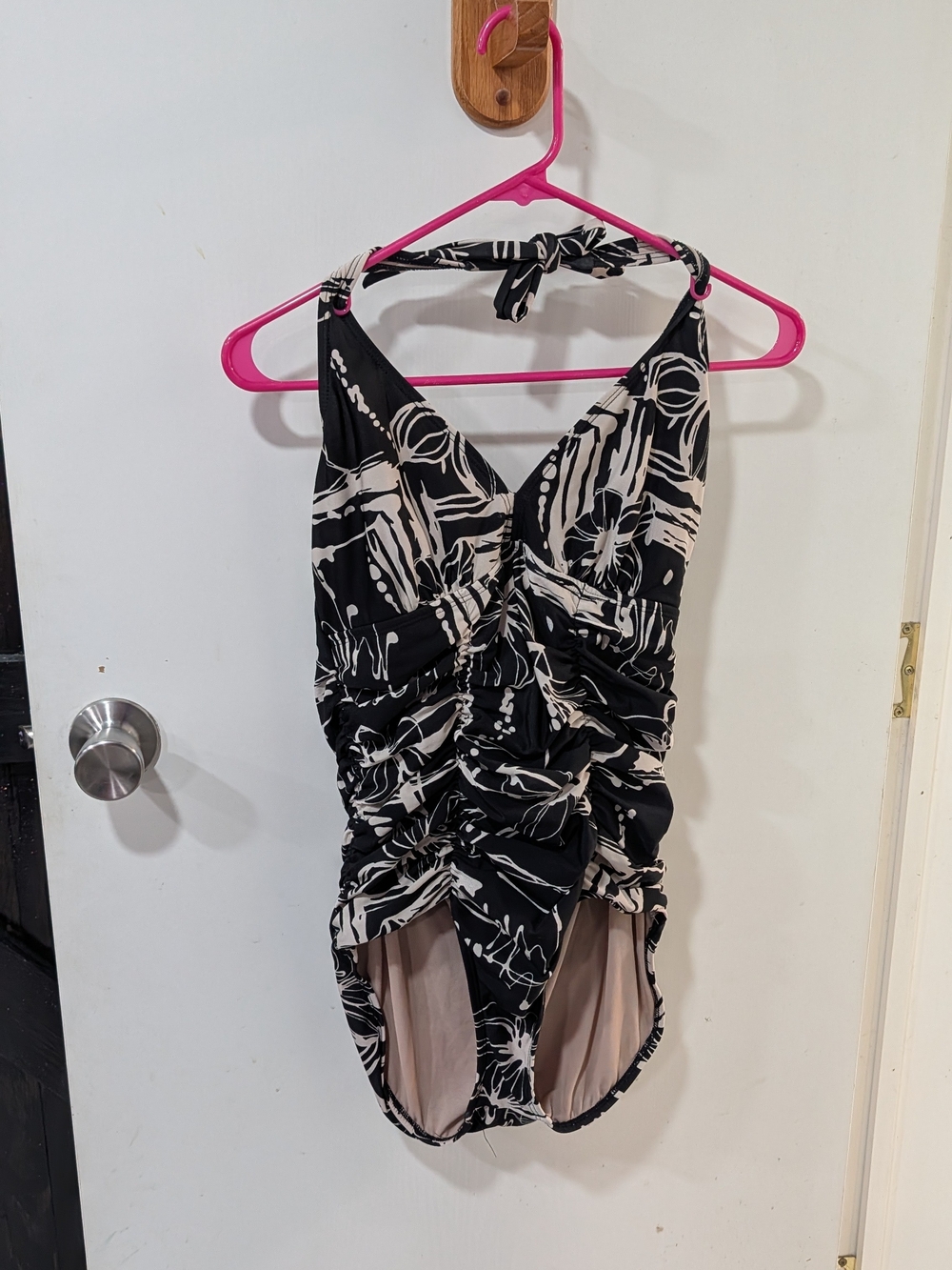 Aerin Black and Cream Halter Ruched One-Piece Swimsuit